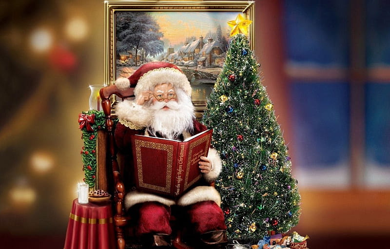 decoration, holiday, gift, tree, candle, , Christmas, book, tree, christmas, Santa Claus, figure, Thomas Kinkade, gift, Thomas Kinkade, Christmas for , section Ð½Ð¾Ð²ÑÐ¹ Ð³Ð¾Ð´, HD wallpaper